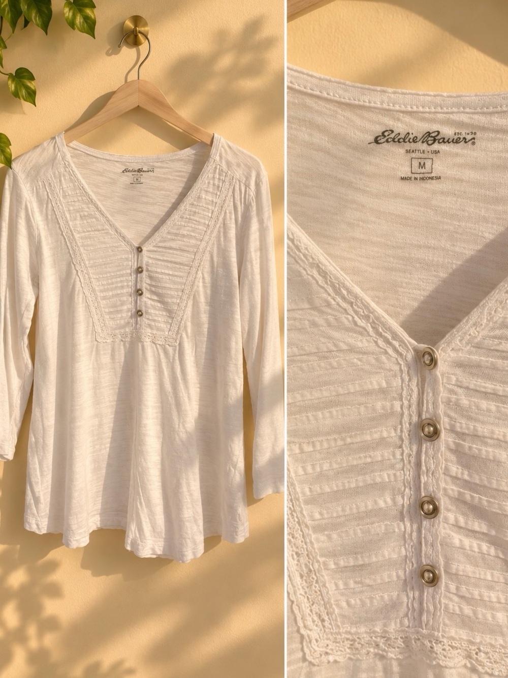 Women's White V-Neck boho long sleeve lace detail Button Top